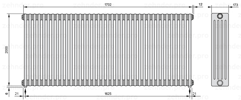 Схема (чертеж) Радиатор Zehnder Charleston 5200/37 №5310 Белый глянцевый RAL 9016